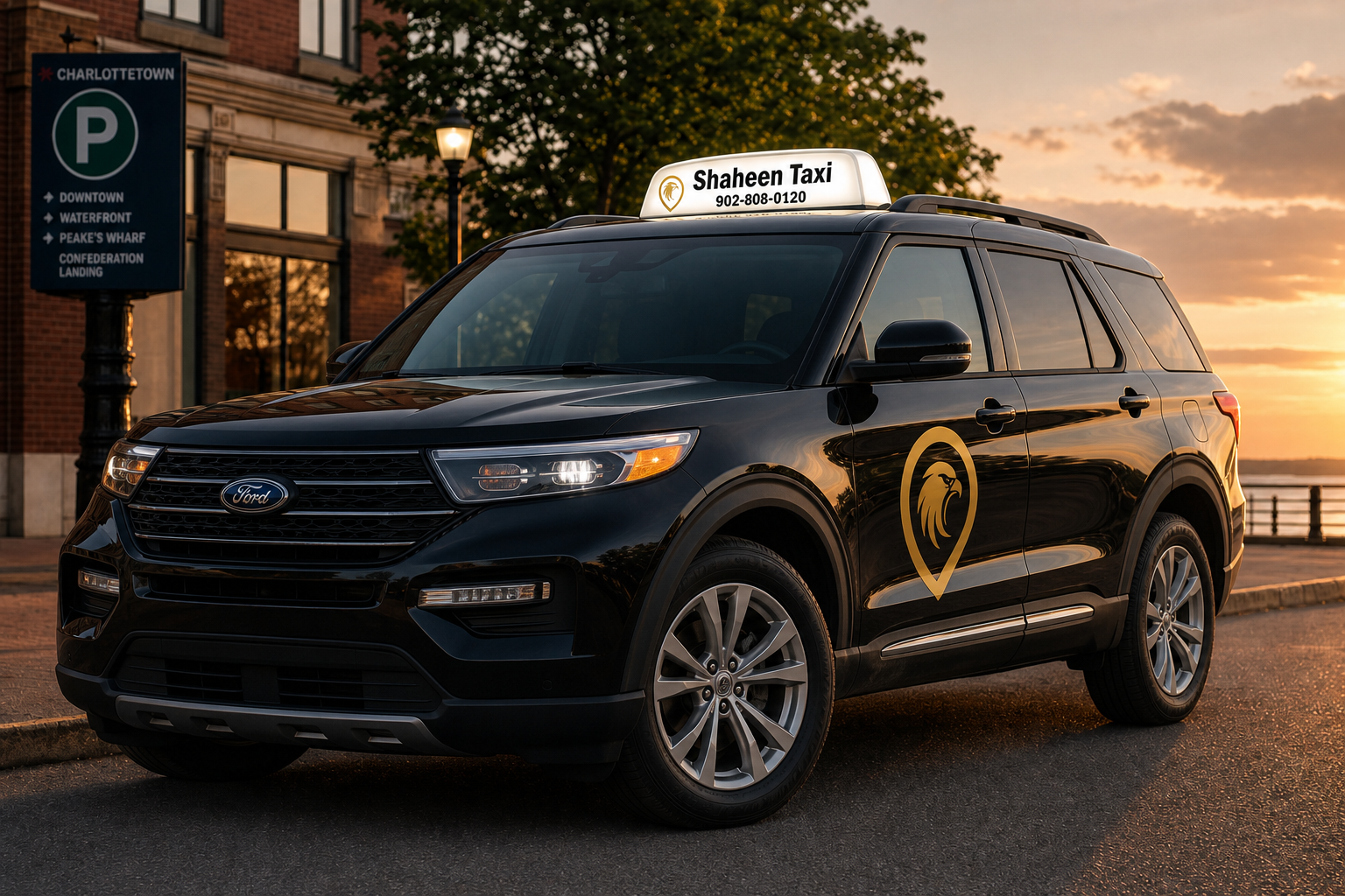 Shaheen Taxi black Ford Explorer SUV with branded roof sign — PEI airport transfers